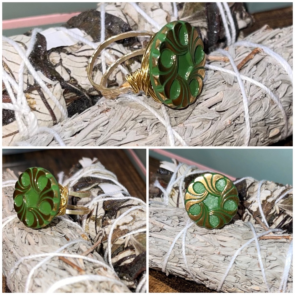 Vintage glass button handmade ring